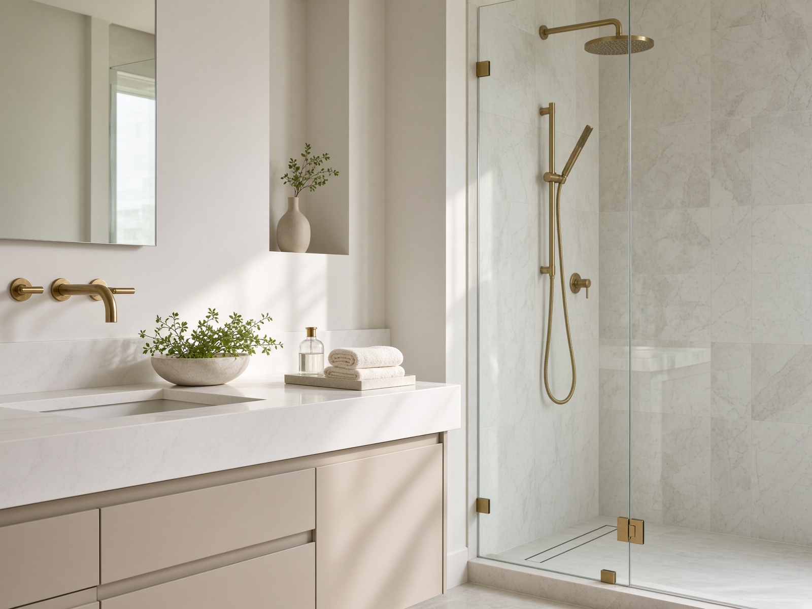 A stone bathroom vanity with folded towels and brass fixtures.